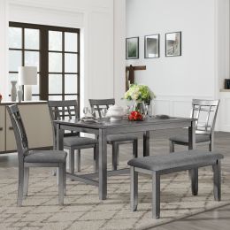 6 Piece Wooden Dining Table set, Kitchen Table set with 4 Chairs and Bench, Farmhouse Rustic Style,Antique Graywash