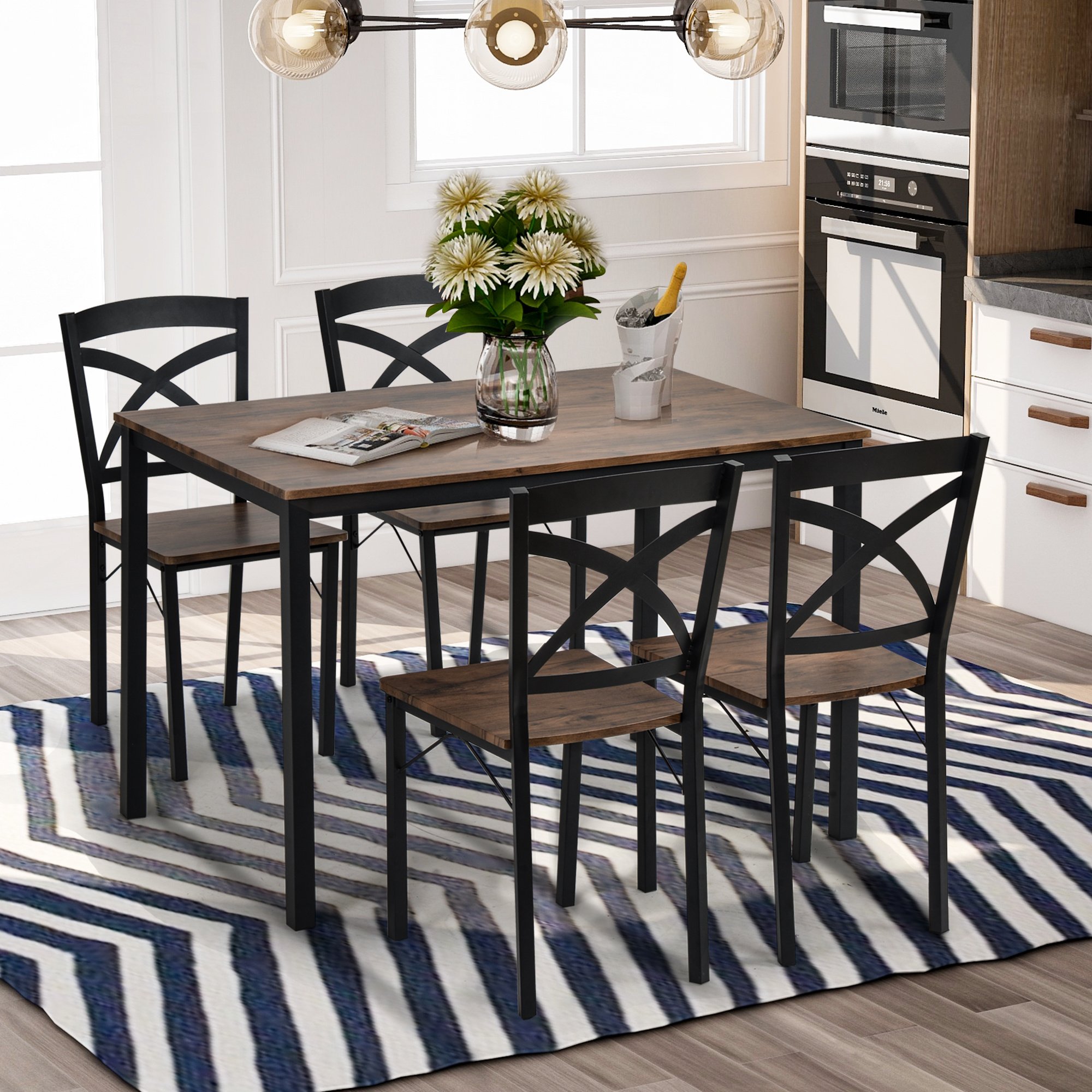 5-Piece Industrial Wooden Dining Set with Metal Frame and 4 Ergonomic Chairs 5-Piece Industrial Wooden Dining Set with Metal Frame and 4 Ergonomic Chairs