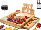 Bamboo Cheese Board set 14.17"*11"*0.8", Charcuterie Platter and Serving Meat Board Including 4 Stainless Steel Knife, Cheese Tray for Cracker, Briea