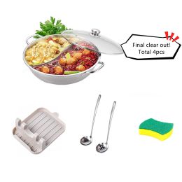 2 Pieces of Dish washing Sponge + 2pcs 26cm/10.22inch Stainless Steel Spoon + 1pc kitchen Rest with Drip Pad + Stainless Steel Shabu Hot Pot With Divi