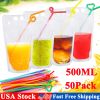 50PCS Drink Pouches Plastic Stand-Up Juice Bag Hand-Held Smoothie Bag w/ 50 Straws