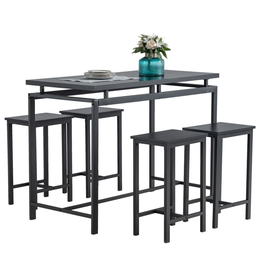 5 Piece Dining Table Set, Dining Set for 4, Wooden Table and 4 Stools, Black RT 5 Piece Dining Table Set, Dining Set for 4, Wooden Table and 4 Stools, Black RT