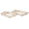 Distressed Wooden Finish Serving Trays With Handles, White, Set Of 2
