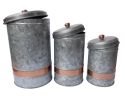 Galvanized Metal Lidded Canister With Copper Band, Set of Three, Gray