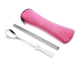 Portable 3 Pcs Stainless Steel Cutlery Set Flower Painting Fork Dinner Tableware Set Case Kit (Color: Pink, size: 2 Piece/Set)