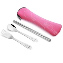 Portable 3 Pcs Stainless Steel Cutlery Set Flower Painting Fork Dinner Tableware Set Case Kit (Color: Pink, size: Smile3 Piece/Set)