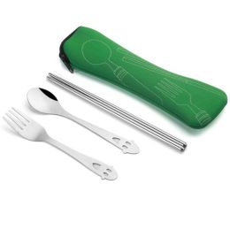 Portable 3 Pcs Stainless Steel Cutlery Set Flower Painting Fork Dinner Tableware Set Case Kit (Color: green, size: Smile3 Piece/Set)