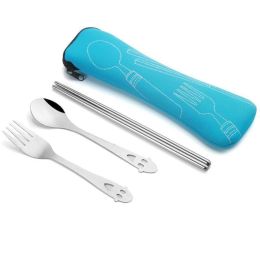 Portable 3 Pcs Stainless Steel Cutlery Set Flower Painting Fork Dinner Tableware Set Case Kit (Color: Sky Blue, size: Smile3 Piece/Set)