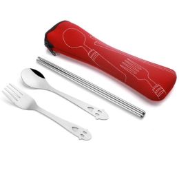 Portable 3 Pcs Stainless Steel Cutlery Set Flower Painting Fork Dinner Tableware Set Case Kit (Color: Red, size: Smile3 Piece/Set)
