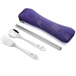 Portable 3 Pcs Stainless Steel Cutlery Set Flower Painting Fork Dinner Tableware Set Case Kit (Color: purple, size: Smile3 Piece/Set)