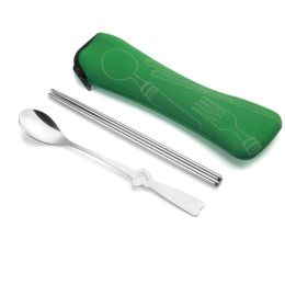 Portable 3 Pcs Stainless Steel Cutlery Set Flower Painting Fork Dinner Tableware Set Case Kit (Color: green, size: 2 Piece/Set)