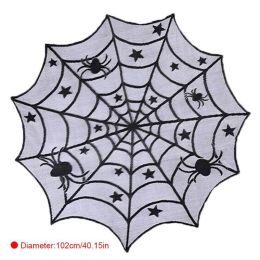 Halloween Black Lace Table Runner Round Spider Web Table Cover Bat Curtain Door Curtain Fireplace Scarf Lampshade Party Decorate (Color: Mint Green)