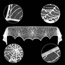 Halloween Black Lace Table Runner Round Spider Web Table Cover Bat Curtain Door Curtain Fireplace Scarf Lampshade Party Decorate (Color: Khaki)