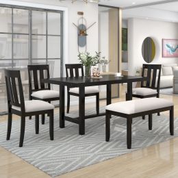 Rustic Farmhouse 6-Piece Wooden Rustic Style Dining Set, Including Table, 4 Chairs & Bench (Color: Espresso)