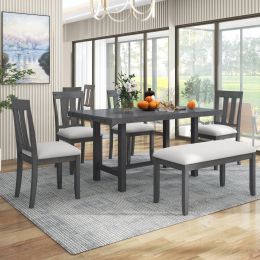 Rustic Farmhouse 6-Piece Wooden Rustic Style Dining Set, Including Table, 4 Chairs & Bench (Color: Gray)