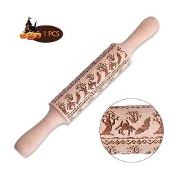 Halloween Embossing Rolling Pin Wooden 3D Engraved Textured Dough Roller Stick (Type: Bat Rolling pin)