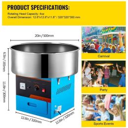 Temperature Controls Commercial Electric Cotton Candy Machine  For Party Festival Carnival Home DIY (Color: Blue, Type: Cotton Candy Machine)