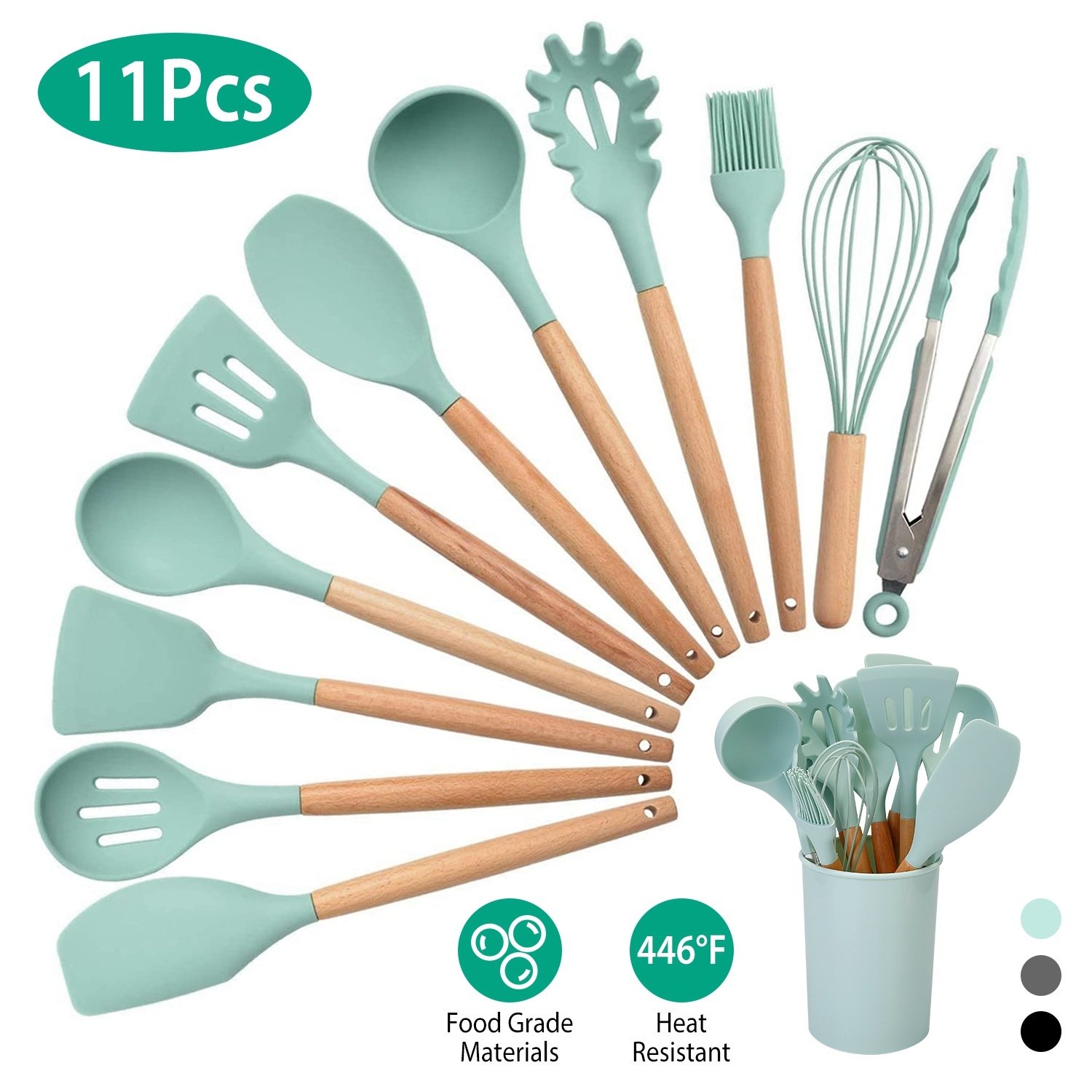 11Pcs Silicone Cooking Utensil Set Heat Resist Wooden Handle Silicone Spatula Turner Ladle Spaghetti Server Tongs 11Pcs Silicone Cooking Utensil Set Heat Resist Wooden Handle Silicone Spatula Turner Ladle Spaghetti Server Tongs