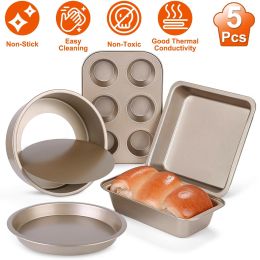 5Pcs Nonstick Bakeware Set Baking Tray Ovenware Sheet Kit (Color: golden)