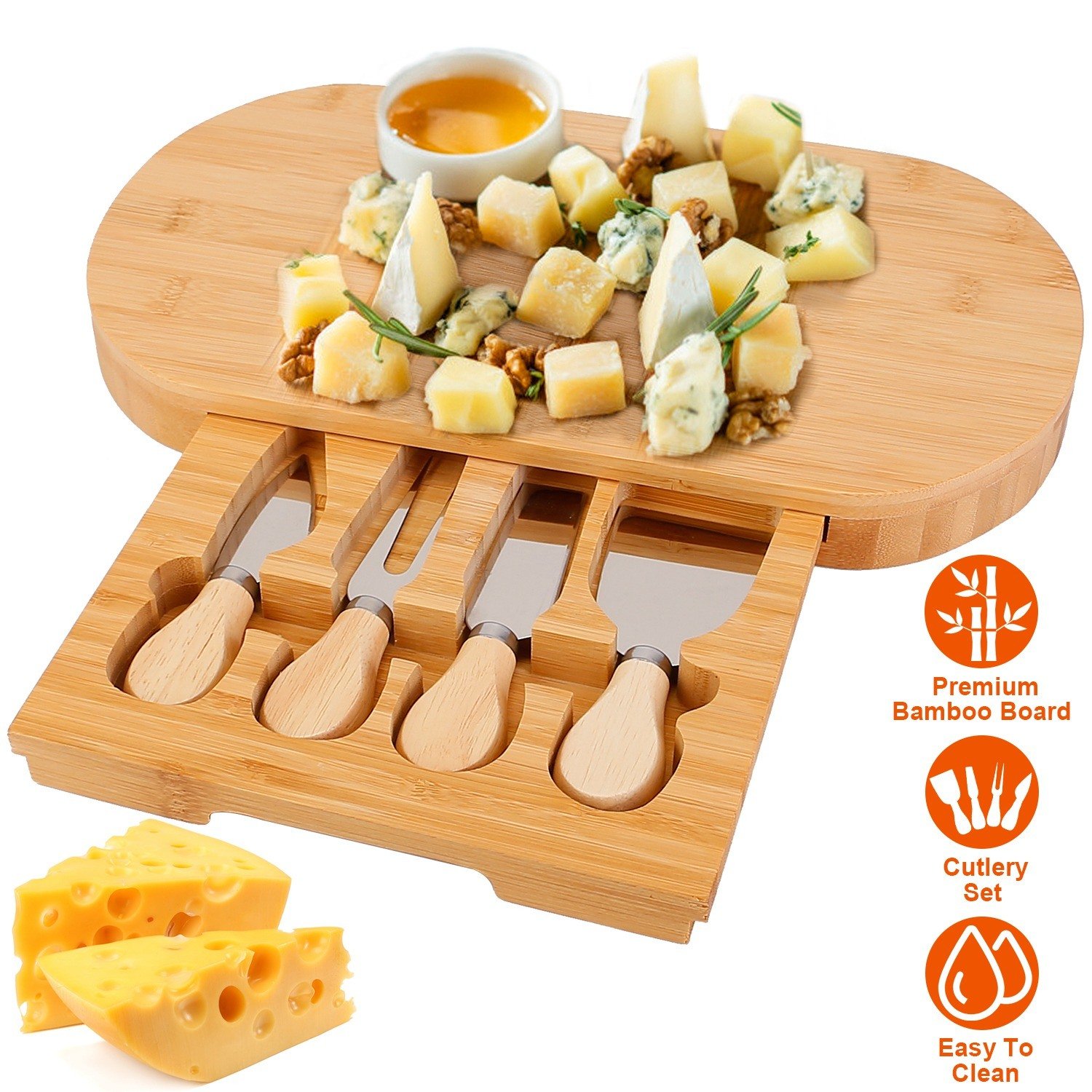 Oval Bamboo Cheese Board Knife Set Wooden Cheese Serving Platter Tray Oval Bamboo Cheese Board Knife Set Wooden Cheese Serving Platter Tray