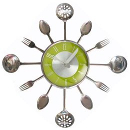 Stainless Steel Knife And Fork Kitchen Decoration Clock (Color: green)