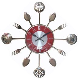 Stainless Steel Knife And Fork Kitchen Decoration Clock (Color: Red)